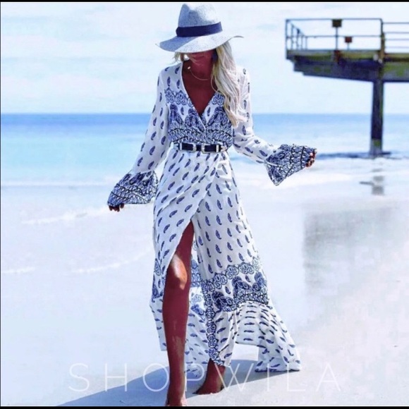 Dresses & Skirts - Boho Print Maxi Dress Blue/White Wrap Tie Waist